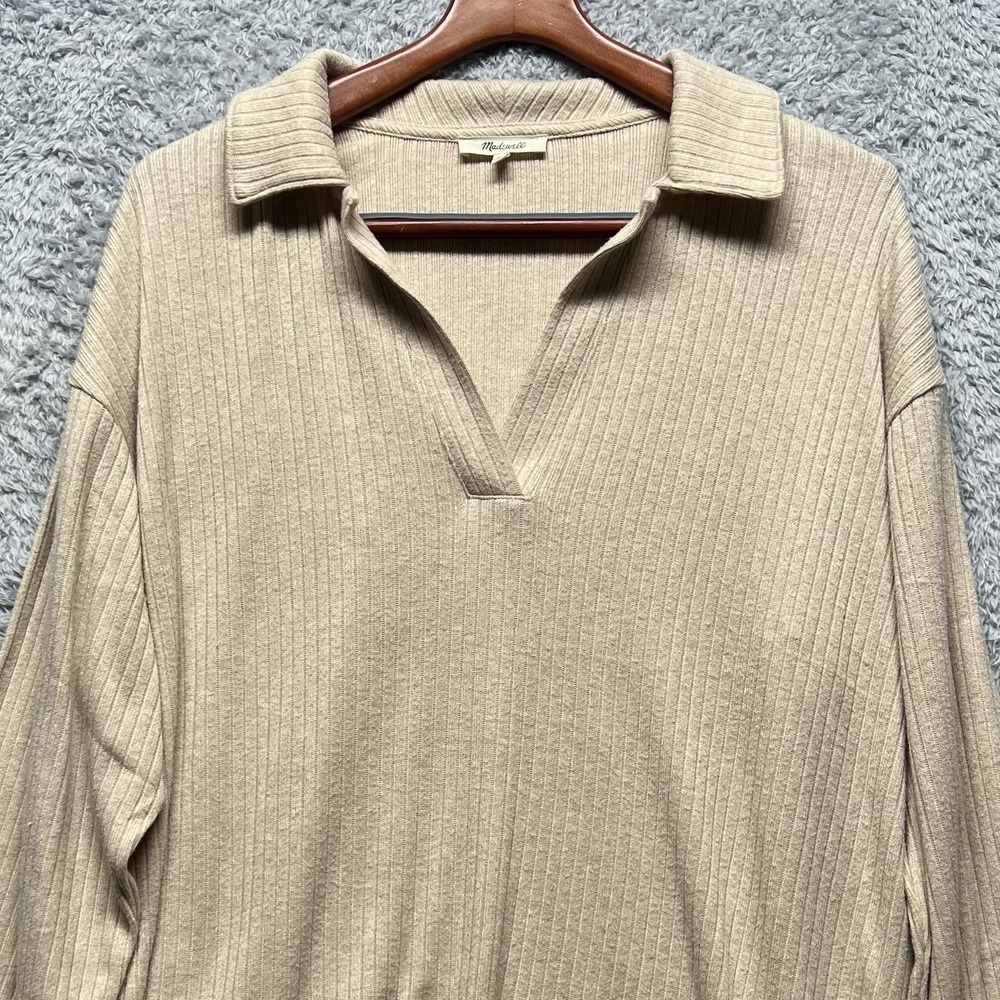 Madewell Swaeater Top Womens XL Beige Ribbed‎ Polo Long Sleeve Relaxed Polo - Picture 4 of 10